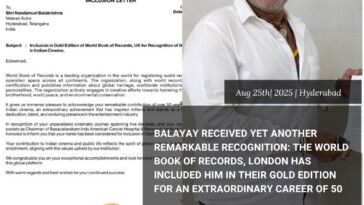 "Balakrishna makes history as first Telugu actor honoured by World Book of Records UK for 50 years in cinema. A landmark celebration attended by CM Chandrababu Naidu."